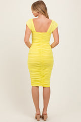 Yellow Mesh Ruched Off Shoulder Fitted Dress