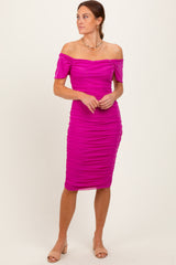 Magenta Mesh Ruched Off Shoulder Maternity Fitted Dress