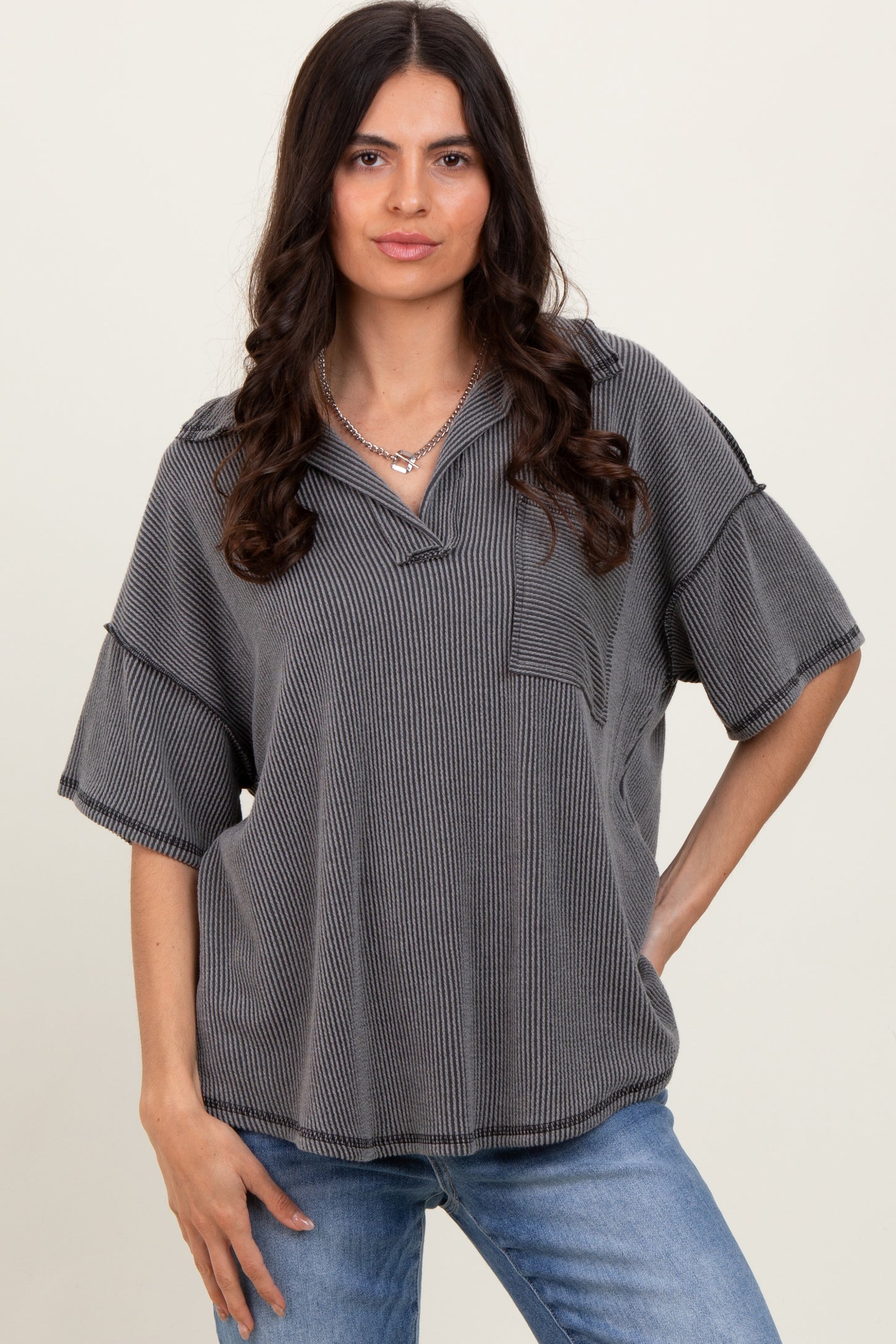 Charcoal Two Tone Ribbed Reverse Stitch Tunic Top
