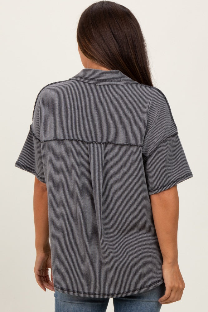 Charcoal Two Tone Ribbed Reverse Stitch Maternity Tunic Top
