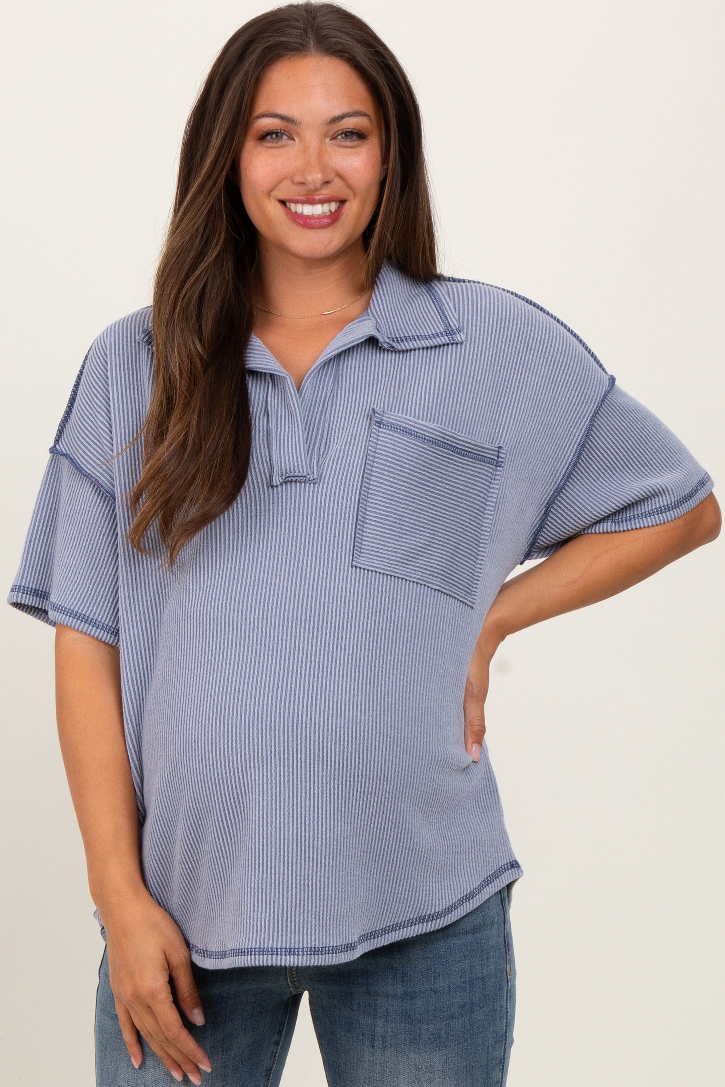 Gray Ribbed Reverse Stitch Maternity Tunic Top