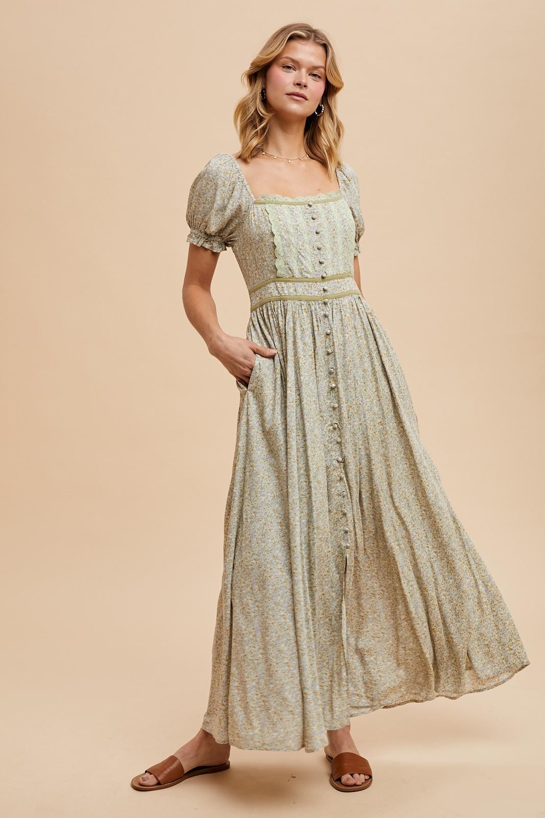 Light Olive Floral Lace Trim Maxi Dress