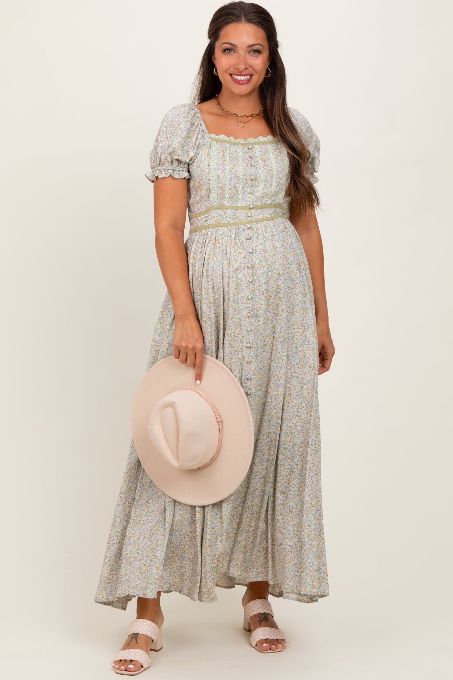 Light Olive Floral Lace Trim Maternity Maxi Dress