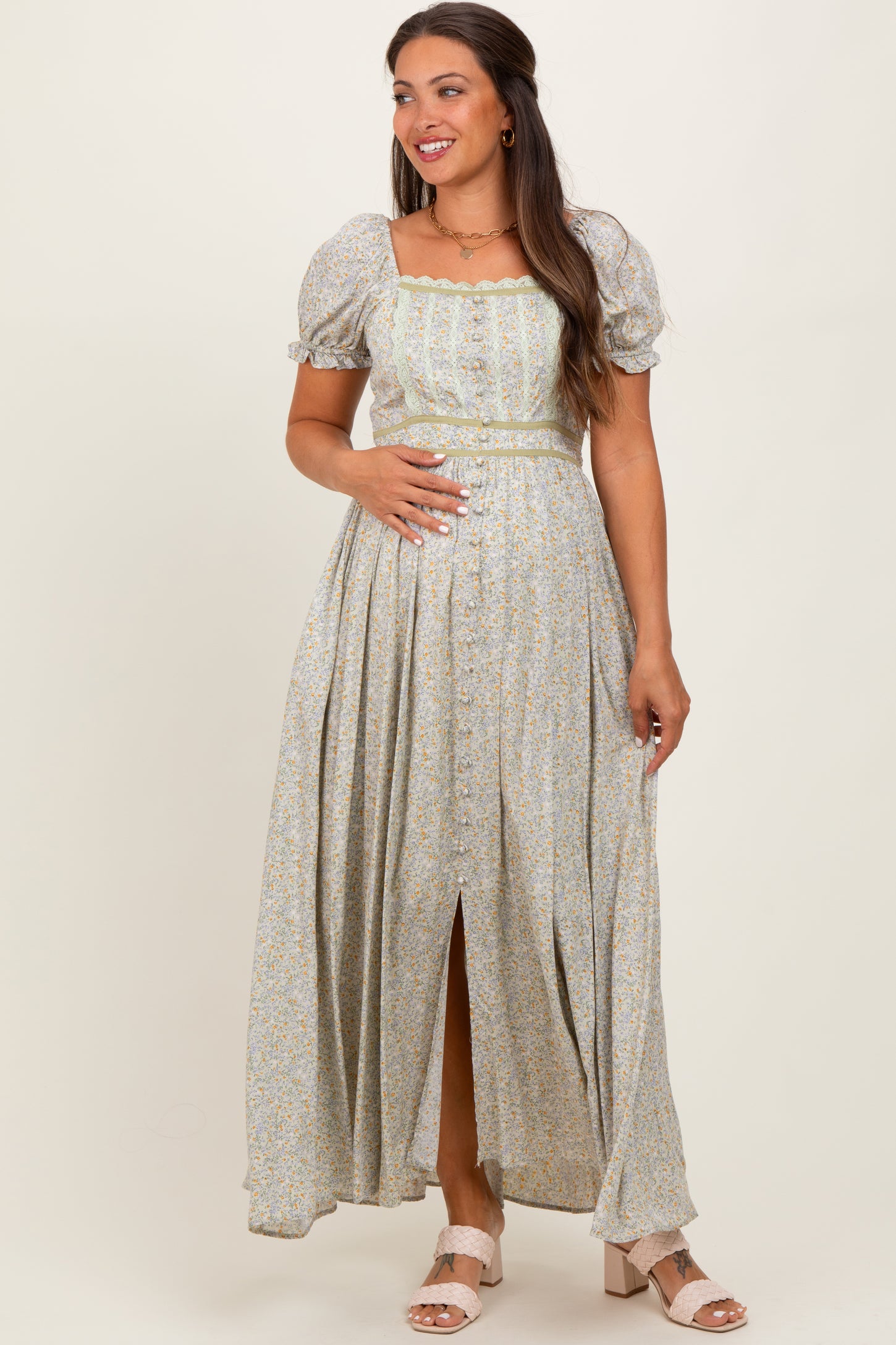 Light Olive Floral Lace Trim Maternity Maxi Dress