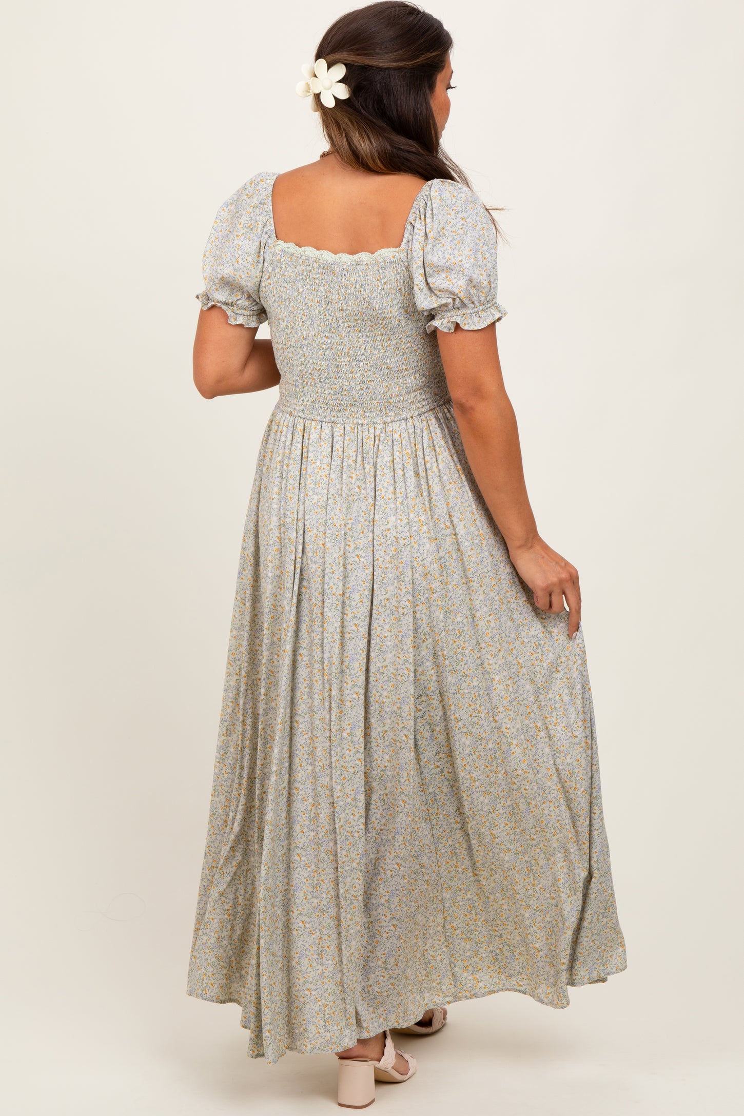 Light Olive Floral Lace Trim Maternity Maxi Dress