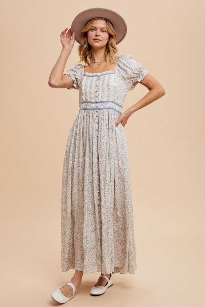 Cream Floral Lace Trim Maternity Maxi Dress