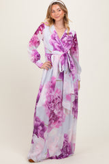 Purple Floral Chiffon Long Sleeve Maxi Dress