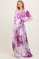 Purple Floral Chiffon Long Sleeve Maternity Maxi Dress