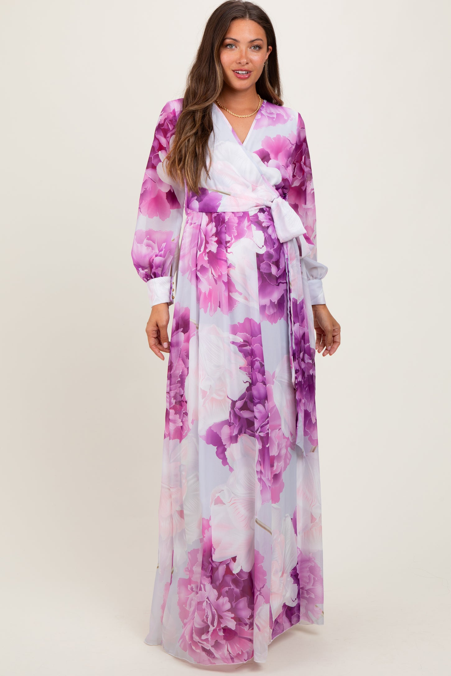 Purple Floral Chiffon Long Sleeve Maternity Maxi Dress