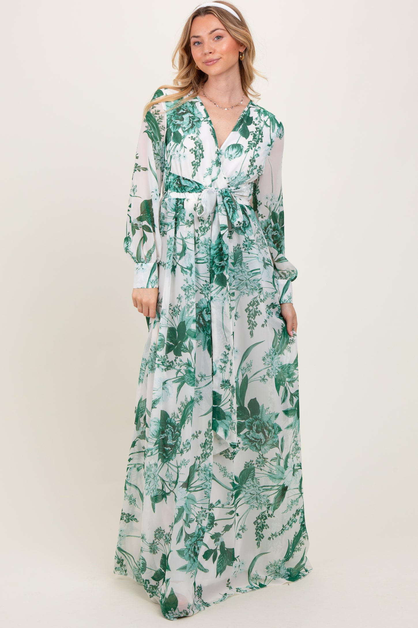 Forest Green Floral Chiffon Long Sleeve Maternity Maxi Dress