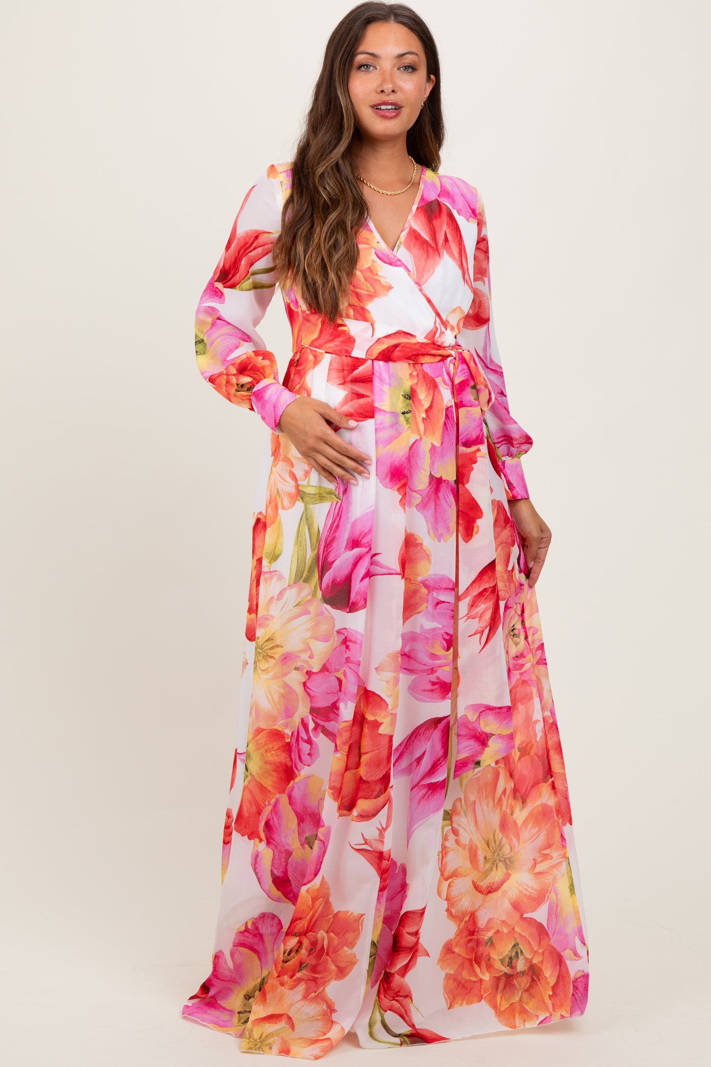 Red Floral Chiffon Long Sleeve Maternity Maxi Dress