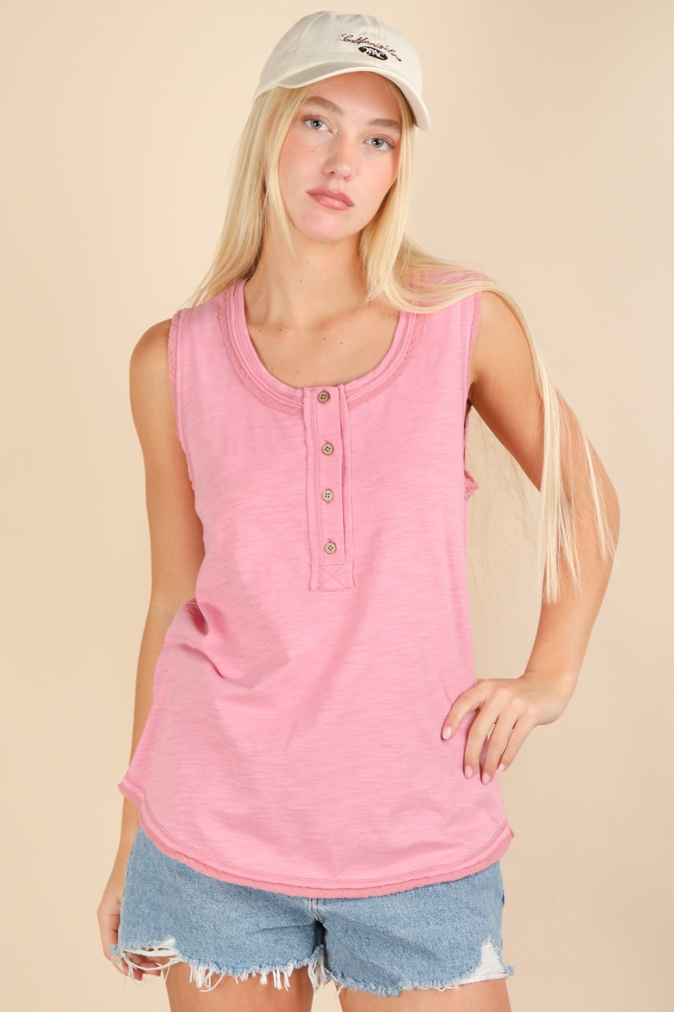 Pink Raw Hem Button Detail Sleeveless Top