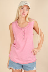 Pink Raw Hem Button Detail Sleeveless Top