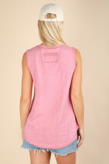 Pink Raw Hem Button Detail Sleeveless Top