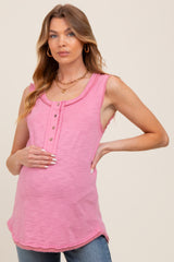 Pink Raw Hem Button Detail Sleeveless Maternity Top