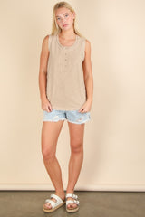 Beige Raw Hem Button Detail Sleeveless Top