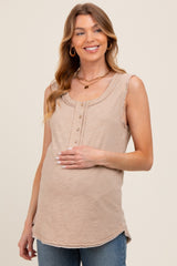 Beige Raw Hem Button Detail Sleeveless Maternity Top