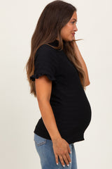 Black Solid Puff Knit Mock Neck Maternity Top
