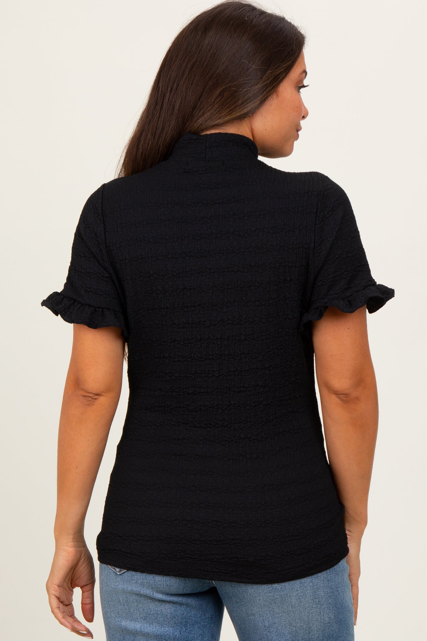 Black Solid Puff Knit Mock Neck Maternity Top