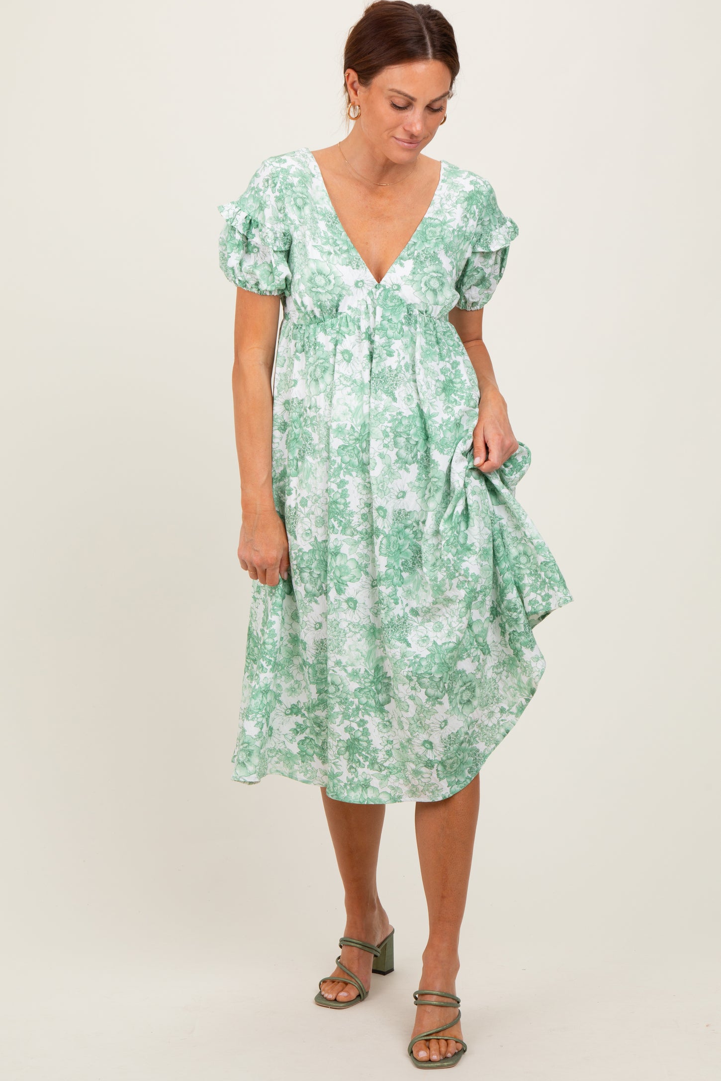 Green Floral Woven Short Sleeve Maternity Mini Dress