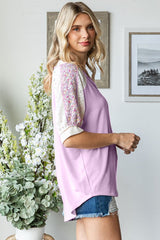 Lavender Floral Lace Inset Short Sleeve Top