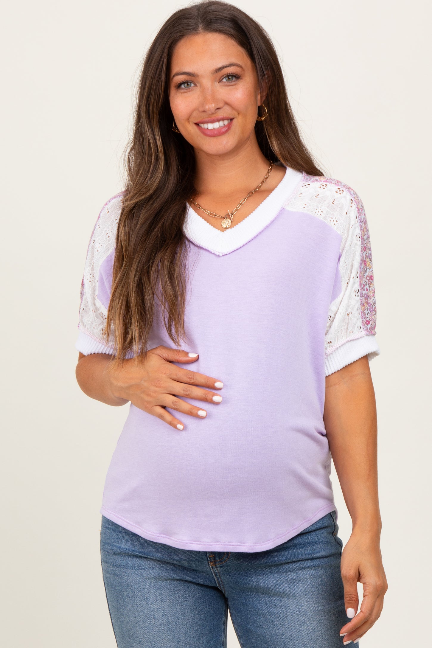 Lavender Floral Lace Inset Short Sleeve Maternity Top