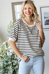 Navy Striped Textured Short Sleeve Maternity Top