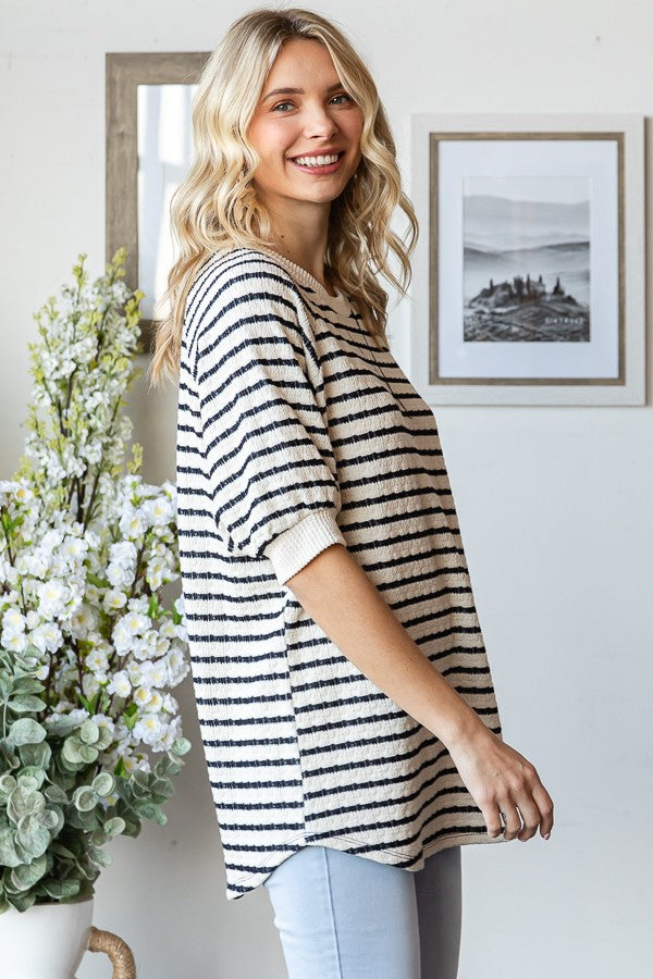 Navy Striped Textured Short Sleeve Top