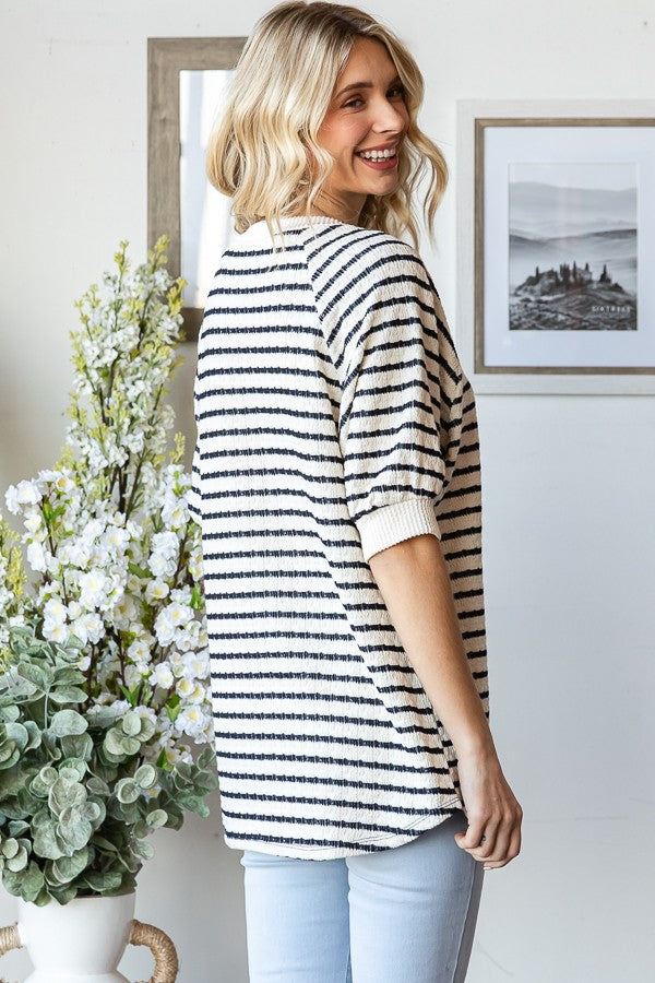 Navy Striped Textured Short Sleeve Top