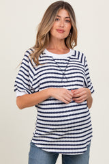 Navy Striped Textured Short Sleeve Maternity Top