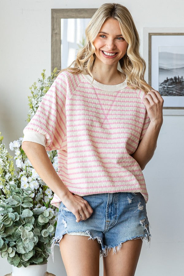 Pink Striped Textured Short Sleeve Top