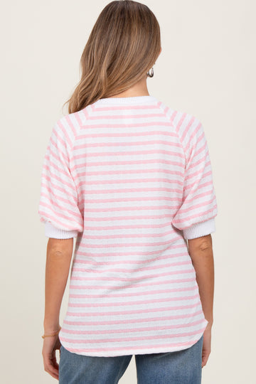 Pink Striped Textured Short Sleeve Maternity Top