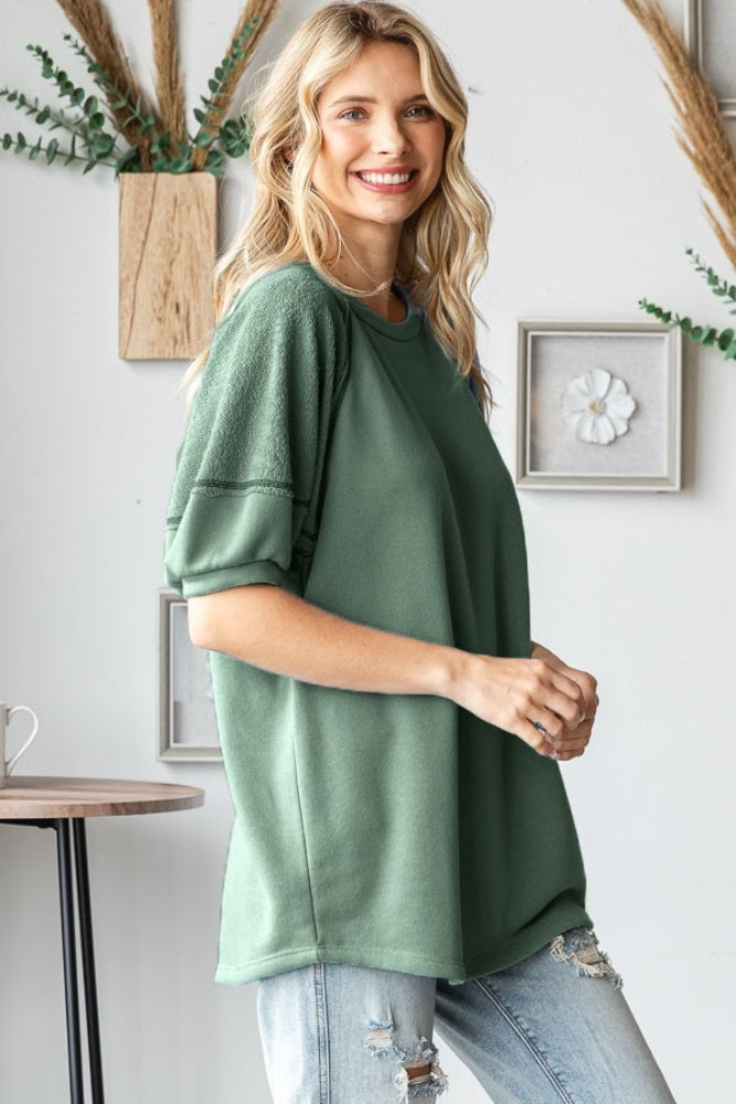 Olive Terry Contrast Short Sleeve Top