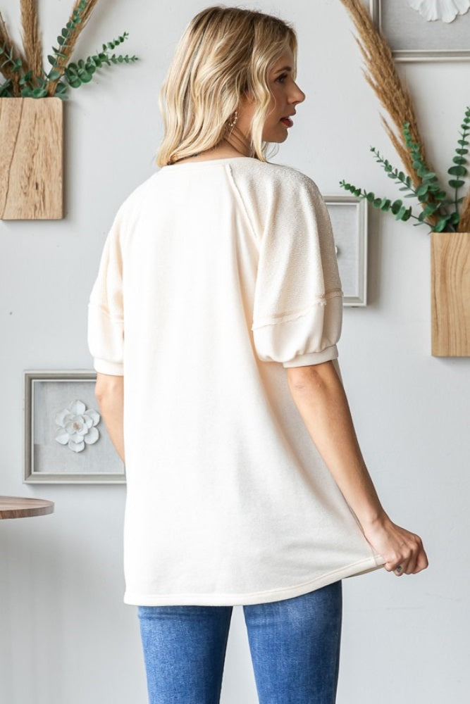 Cream Terry Contrast Short Sleeve Top
