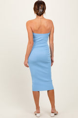 Light Blue Fitted Tube Knit Midi Dress
