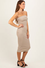 Taupe Fitted Tube Knit Midi Dress