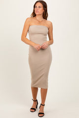 Taupe Fitted Tube Knit Midi Dress