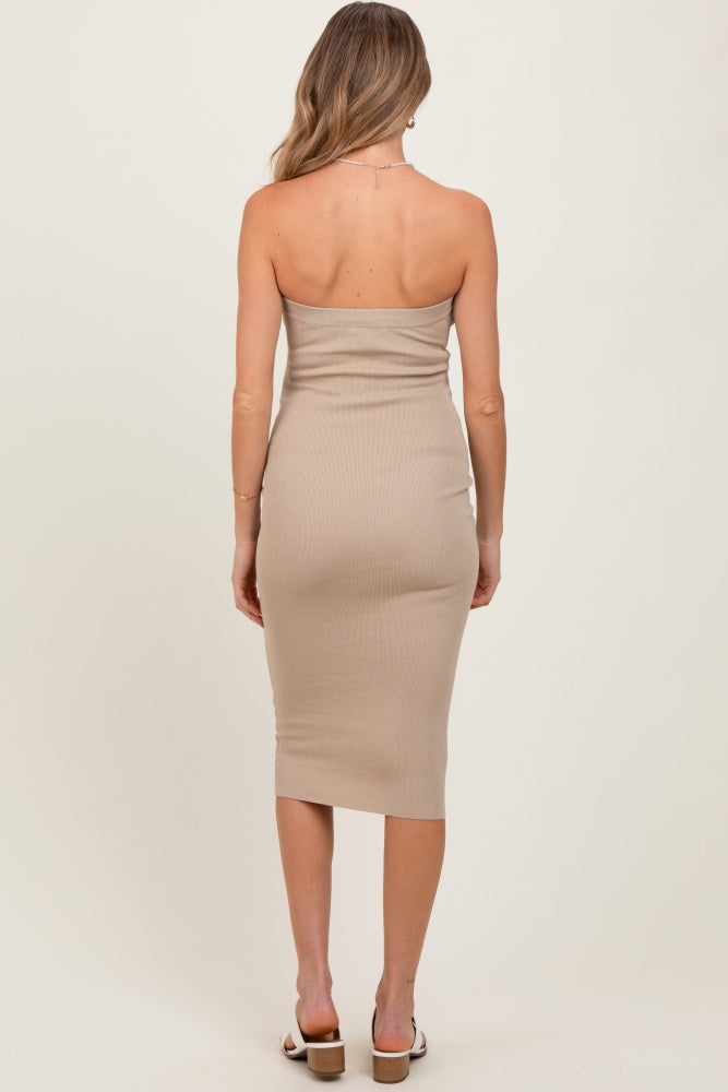 Taupe Fitted Tube Knit Maternity Midi Dress