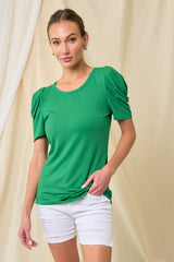 Green Ribbed Ruched Short Sleeve Top