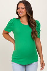 Green Ribbed Ruched Short Sleeve Maternity Top