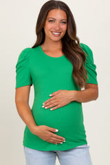 Green Ribbed Ruched Short Sleeve Maternity Top