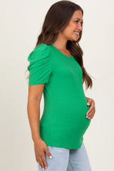 Green Ribbed Ruched Short Sleeve Maternity Top