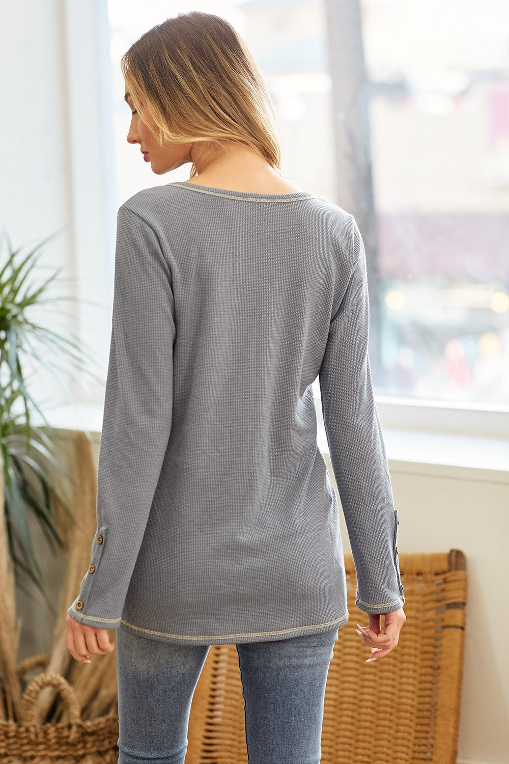 Blue Button Detail Long Sleeve Thermal Top