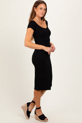 Black Ribbed Wide Neckline Fitted Midi Dress