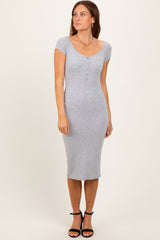 Heather Grey Ribbed Wide Neckline Fitted Maternity Midi Dress
