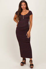 Black Striped Wide Neckline Side Slit Maternity Maxi Dress