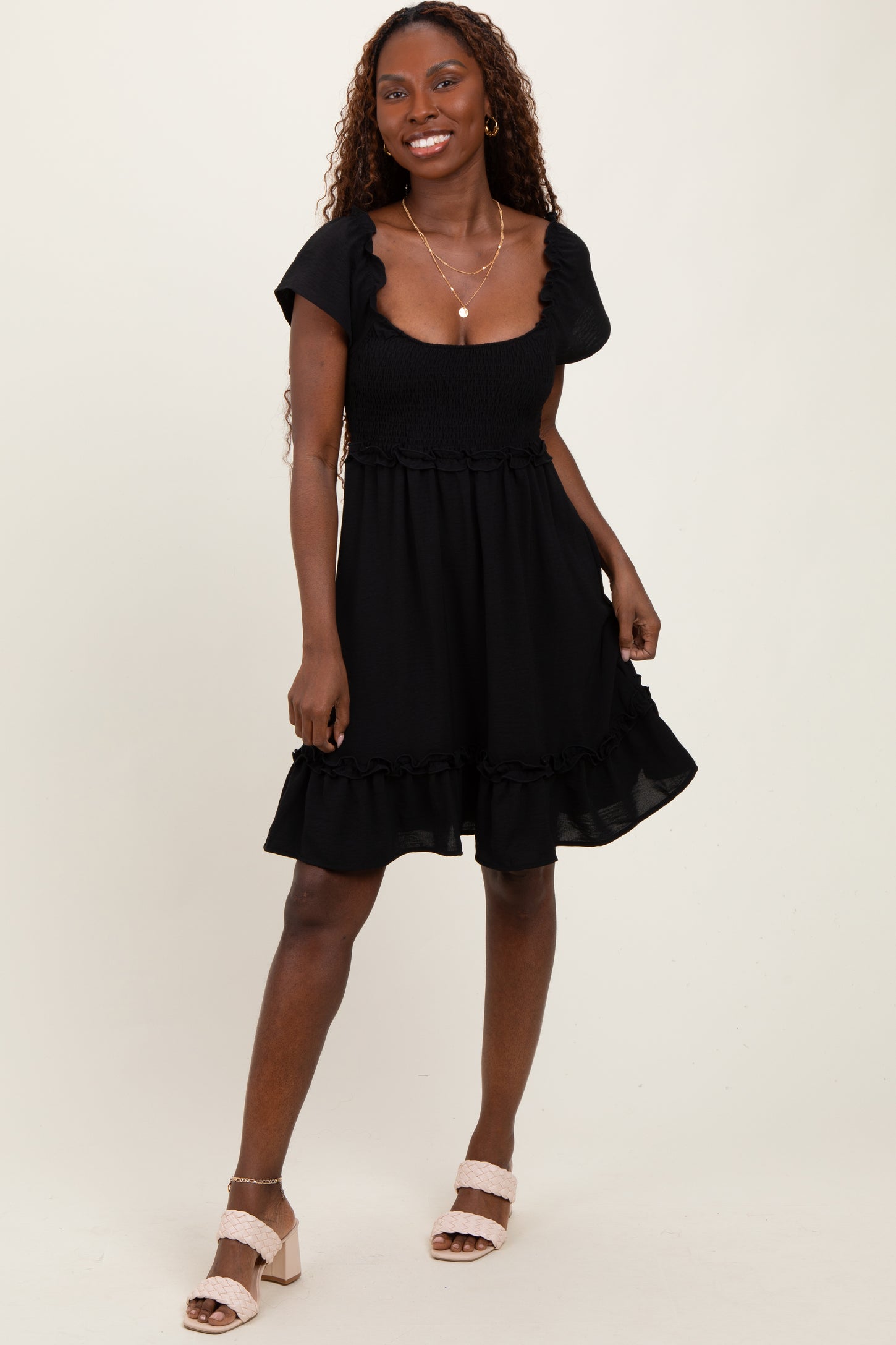 Black Smocked Ruffle Detail Mini Dress