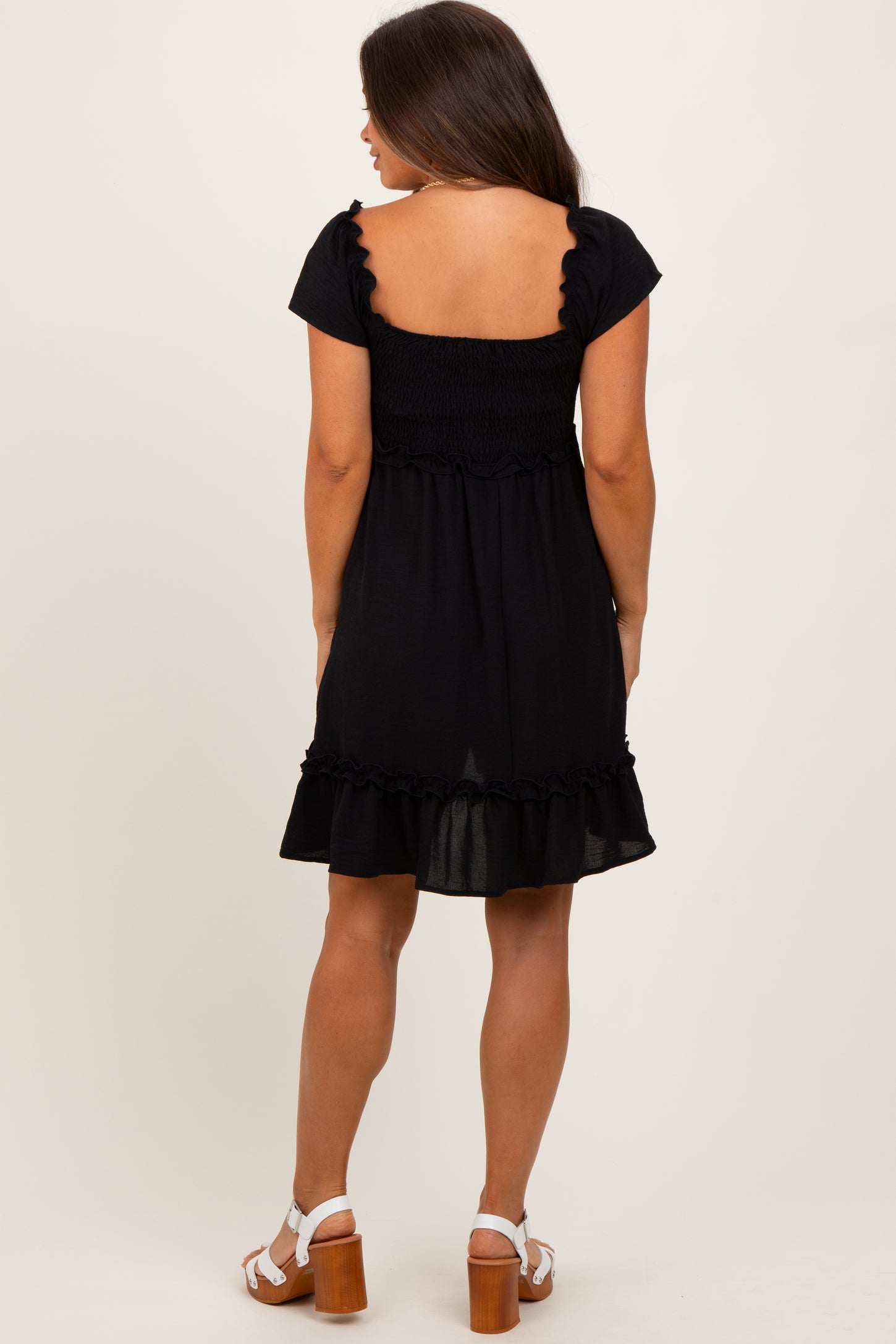 Black Smocked Ruffle Detail Maternity Mini Dress