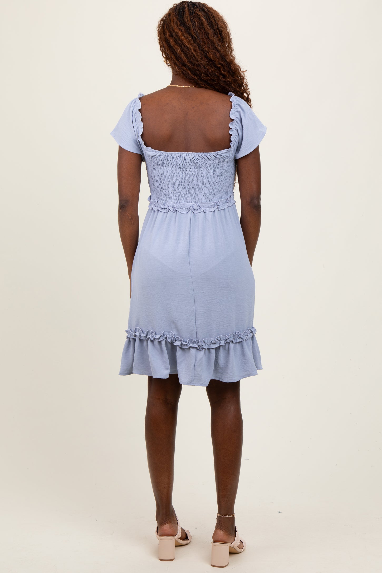 Blue Smocked Ruffle Detail Mini Dress