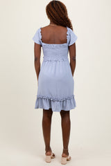 Blue Smocked Ruffle Detail Mini Dress